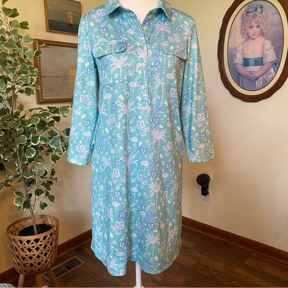 Vineyard Vines • Tropical Flamingo Floral 3/4 Sleeve Preppy Shirt Dress • Size S - Picture 2 of 8